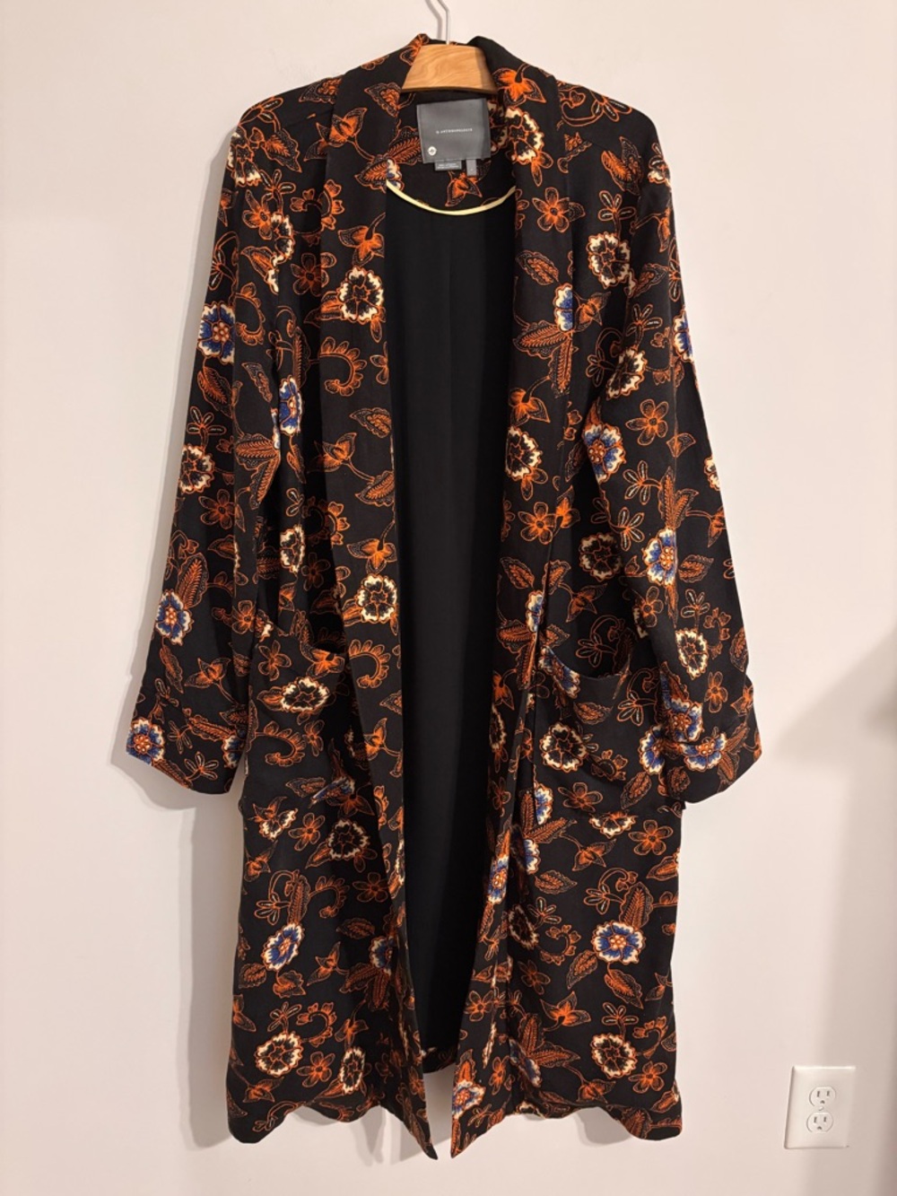 Anthropologie Black Floral Duster Coat with Orange & Blue Accents - Picture 3 of 13